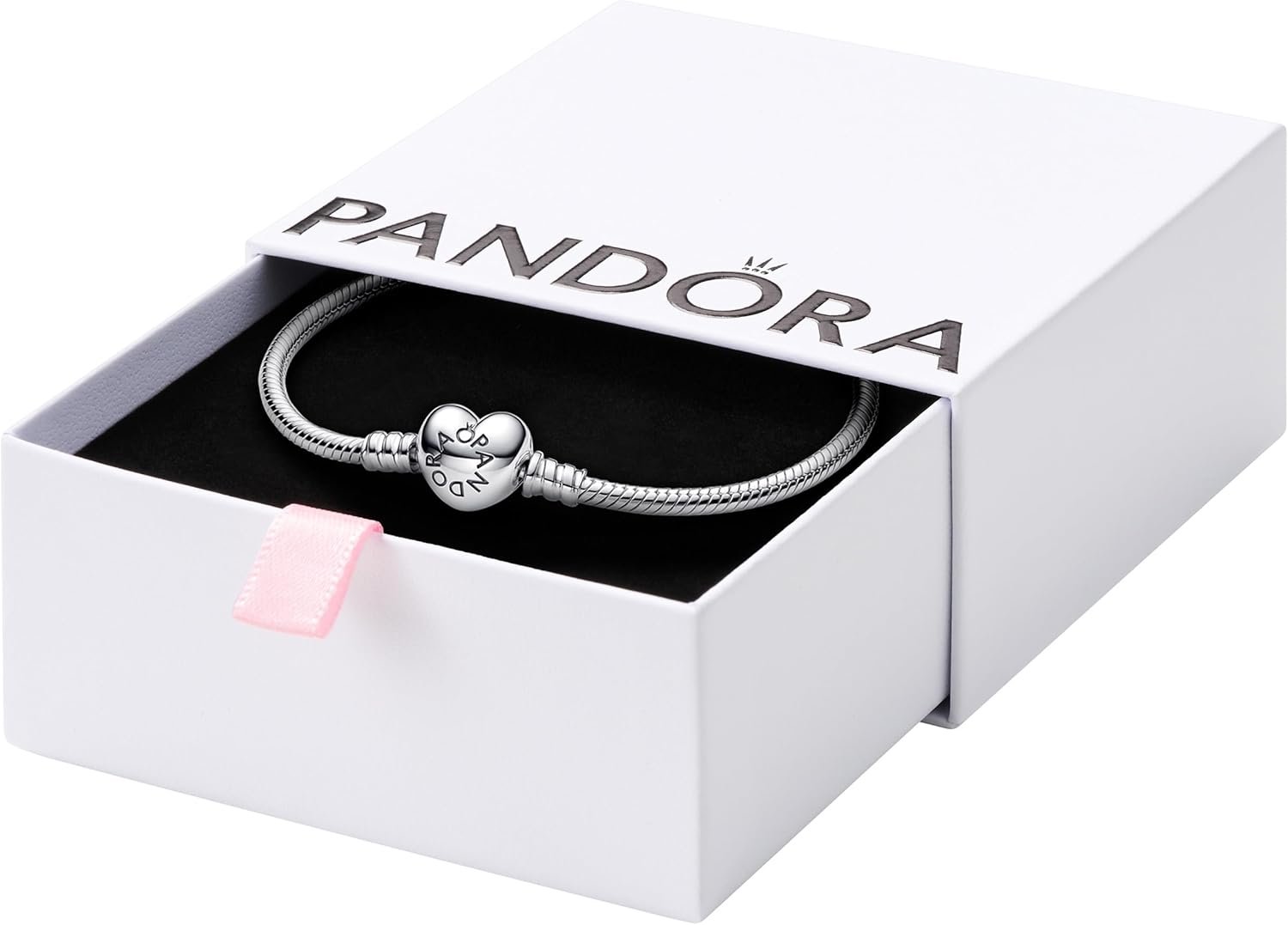 PANDORA Heart Clasp Snake Chain Bracelet – Heart Clasp – Romantic Jewelry for Her with Gift Box – Compatible Moments Charms – Sterling Silver