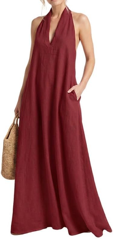Women Halter Maxi Dress Sleeveless V Neck Summer Beach Dress Casual Cotton Linen Vacation Sundress