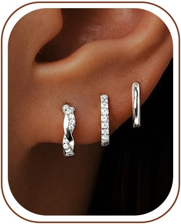 Inerney 14K Gold Plated Huggie Hoop Earrings for Women, Small Sterling Silver Earring Set Hypoallergenic Cartilage Helix Stacks, Mini Dainty Cute Trendy Birthstone Jewelry Gift for Multiple Piercings