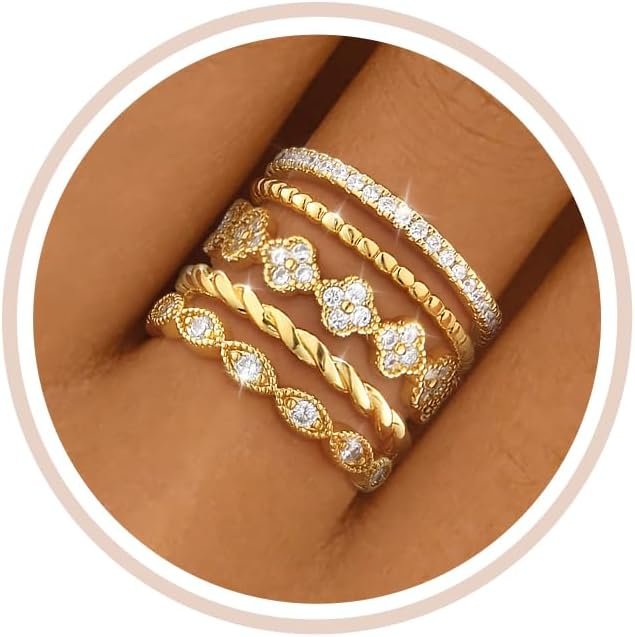 Gold Stackable Rings for Women Non Tarnish 14K Gold Plated Cubic Zirconia Stacking Chunky Eternity Band Rings Dainty Engagement Promise Thumb Rings Gold Wedding Ring Set Jewelry Size 6 7 8 9 10
