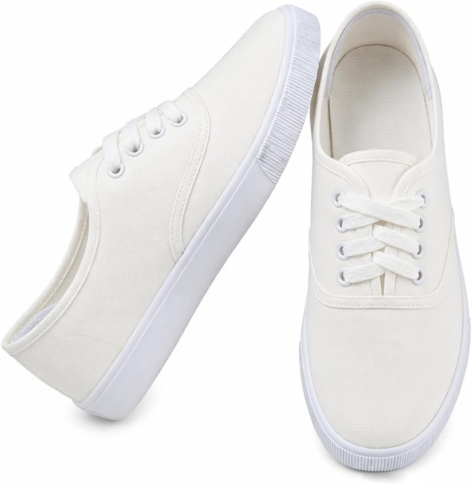 Womens White Canvas Sneakers Lace Up Canvas Shoes Low Top Fashion Casual Walking Shoes