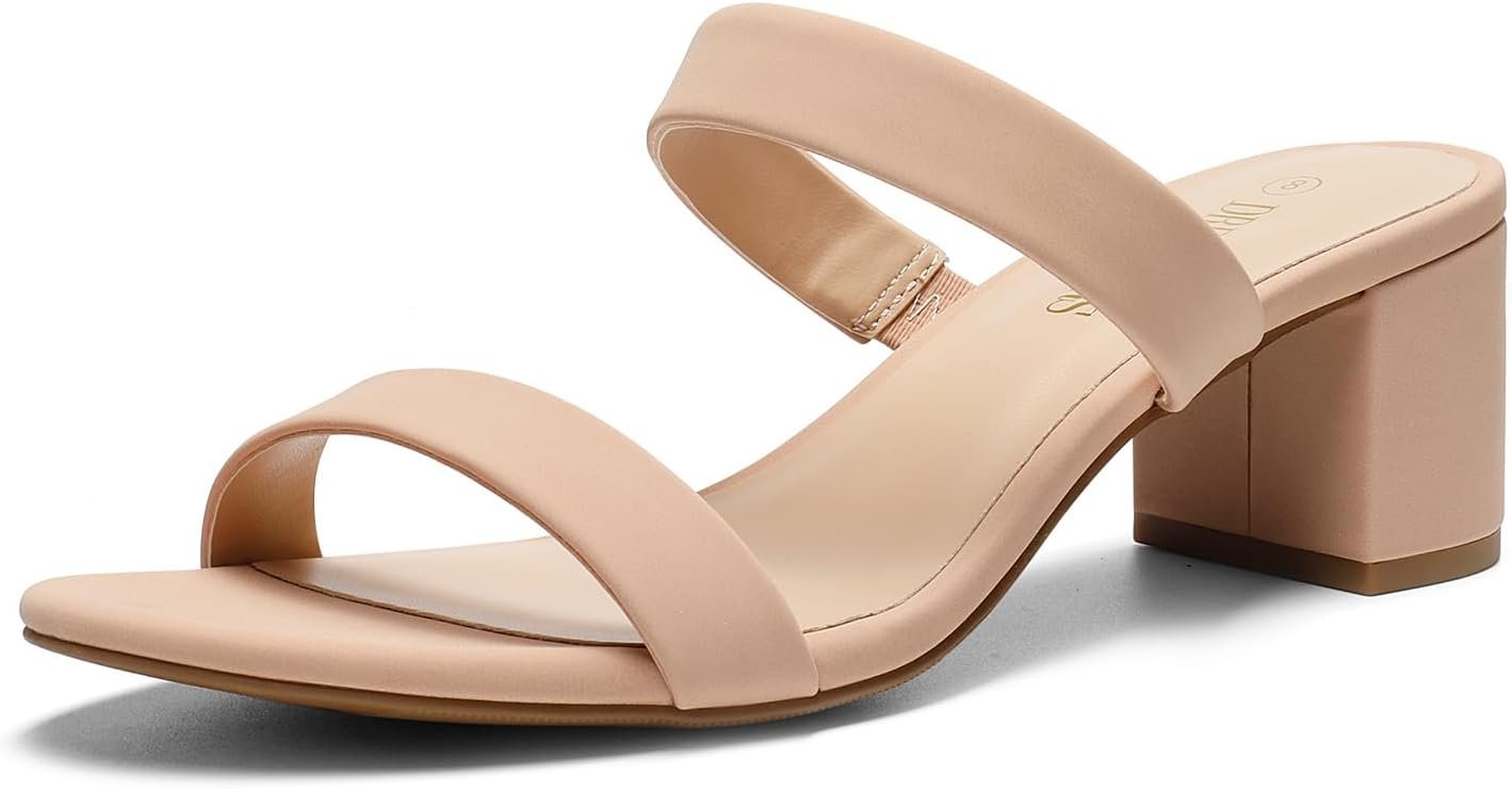 DREAM PAIRS Women’s Two Strap Open Toe Low Block Chunky Heels Sandals Dress Pumps Casual Summer Mules Shoes