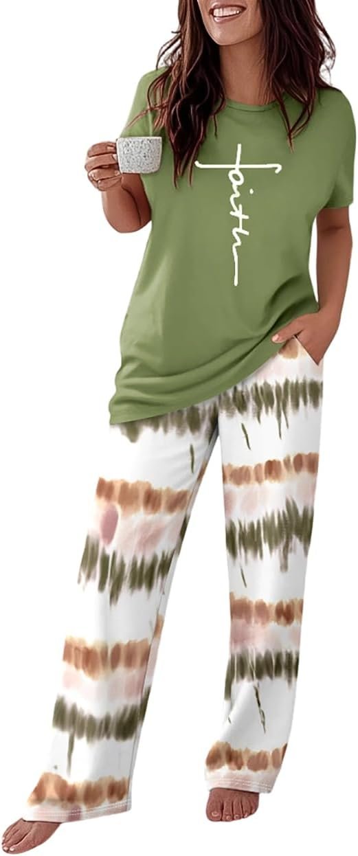 CHICME Womens Pajamas Sets 2 Piece Short Sleeve Lounge Set Printed Loose Pants Pj Sets Loungewear Set