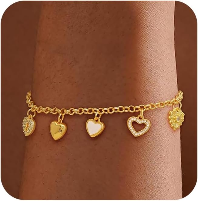 Gold Bracelets for Women, Dainty Friendship Charm Bracelet 14K Gold Plated Summer Shell Starfish Pearl Bracelet Cute Heart Charm Bracelets for Women Trendy Non Tarnish Beach Jewelry Gifts