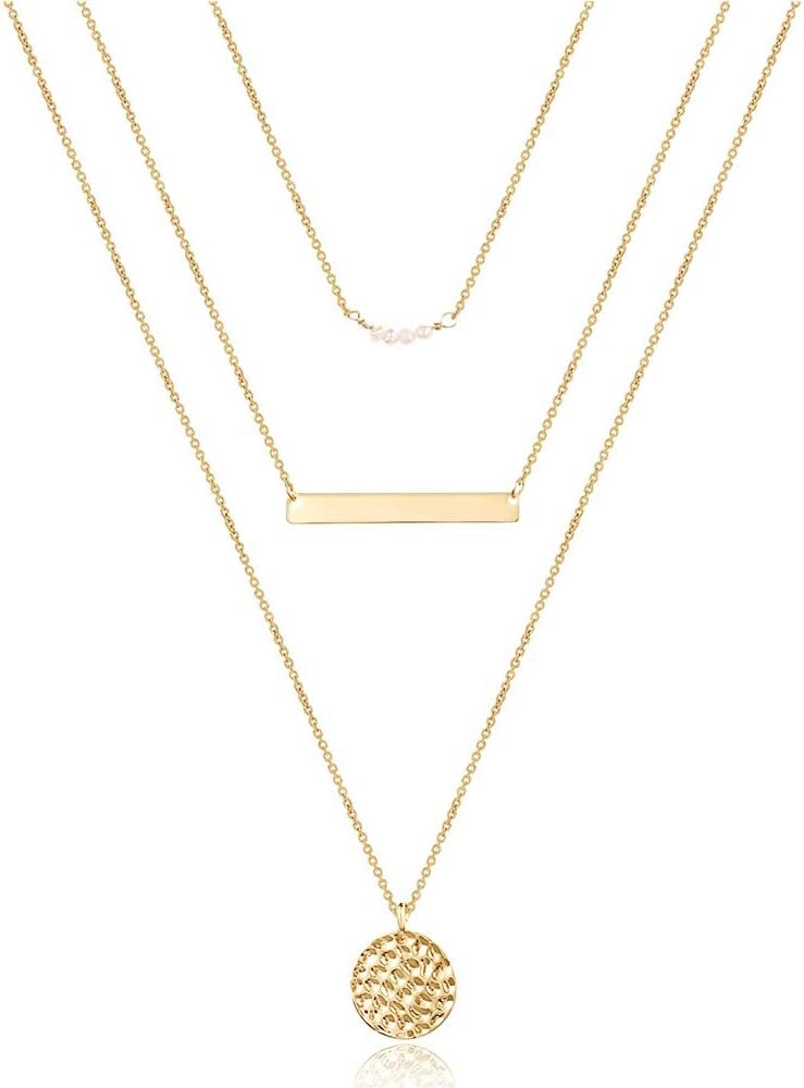 Turandoss Dainty Layered Choker Necklace, Handmade Y Pendant Necklace Multilayer Bar Disc Necklace Adjustable Layering Choker Necklaces for Women