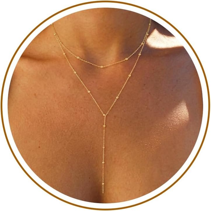 Foxgirl Lariat Gold Necklace for Women, Dainty Long Necklace 14k Gold Plated/Silver Y-Shaped Pendant Necklace Trendy Layered Cz Beaded Chain Drop Necklaces Simple Gold Jewelry For Women Gift