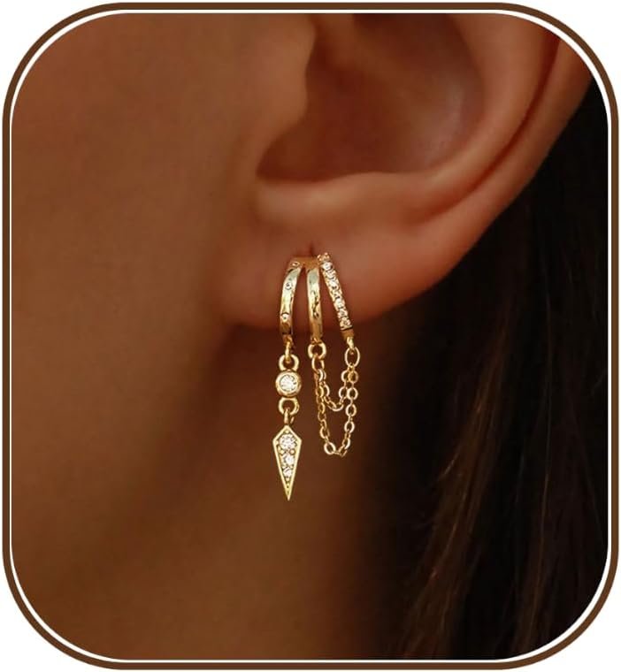 Dangle Earrings for Women,14k Gold Plated Triple Huggie Stud Earrings Cute Statement Chain Earring Dainty Drop Earrings for Women Trendy Gold Plated Jewelry
