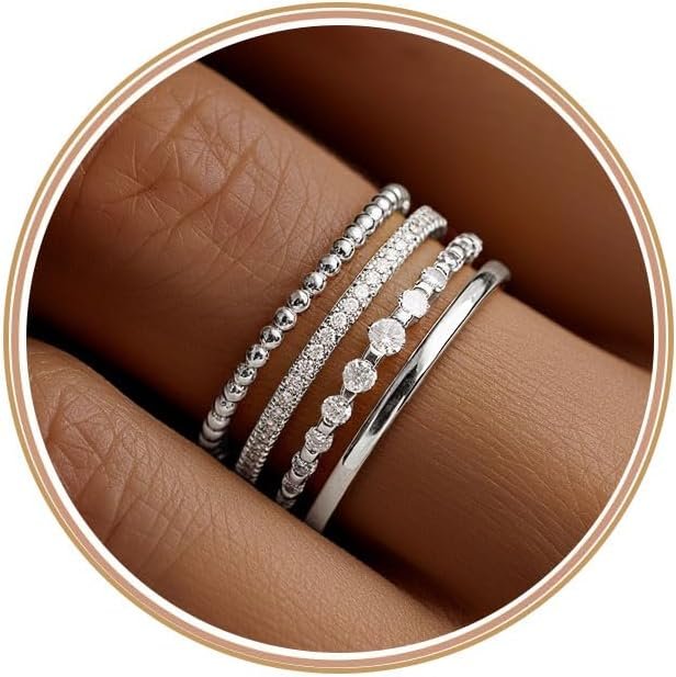 Florideco 14K Gold Plated Stackable Rings for Women Non Tarnish Dainty Cubic Zirconia Thumb Ring Set Silver Plated Stacking Set Statement Promise Band Ring Sets