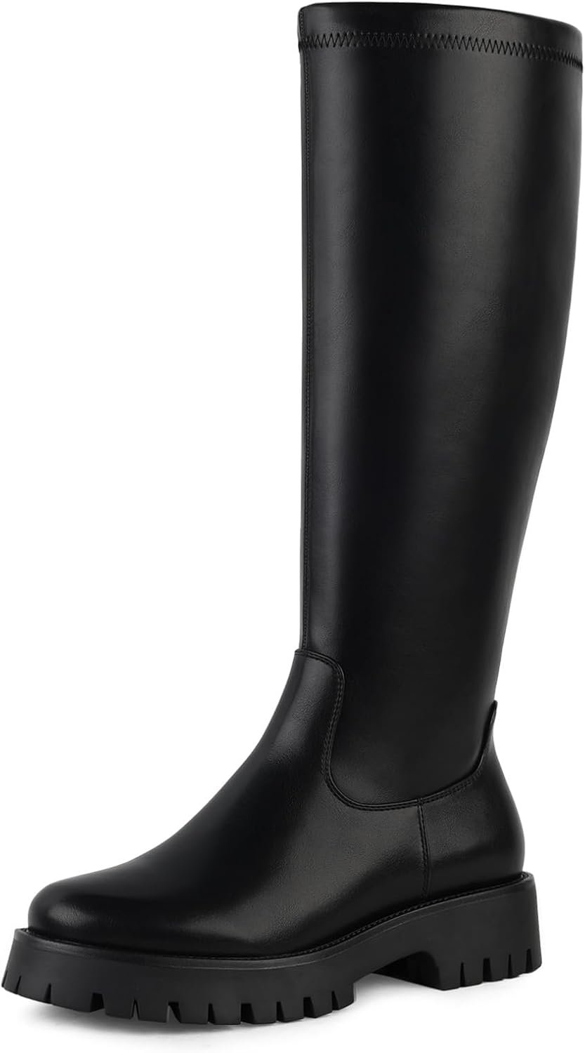 FancyQueen Knee High Boots for Women – Chunky Platform Round Toe Tall Boots with Side Zipper
