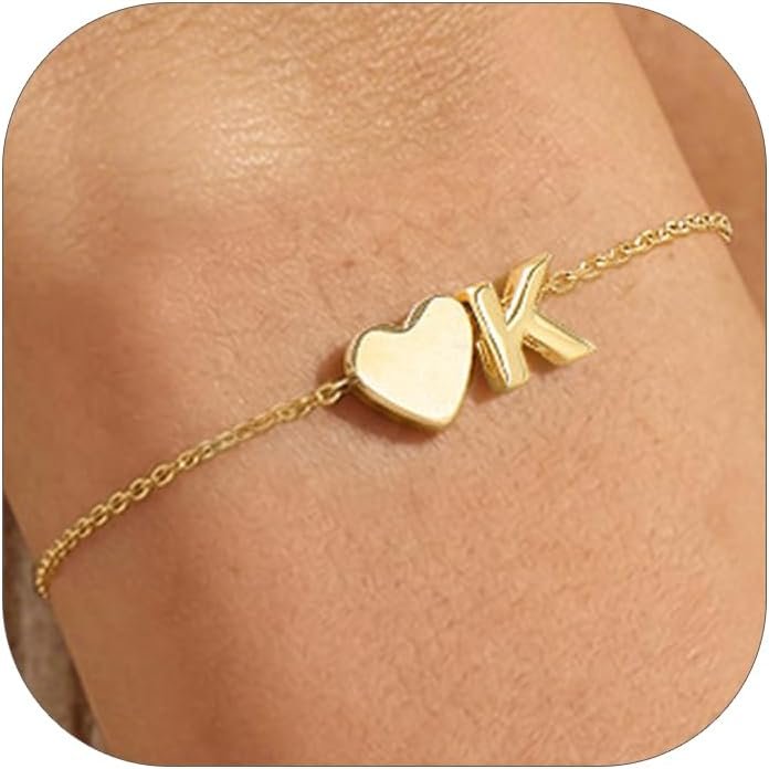 FindChic Heart Initial Bracelets for Women Waterproof 14K Gold Plated Letter A-Z Bracelet Adjustable Monogram Charm Bracelet Trendy Gold Silver Jewelry Dainty Gift for Women Wife Friend with Gift Box