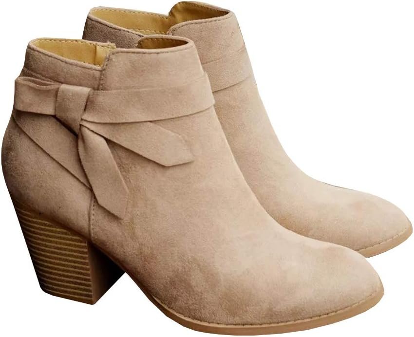 PiePieBuy Women’s Tie Knot Chelsea Pump Ankle Boots Closed Toe Stacked Heel Booties Shoes
