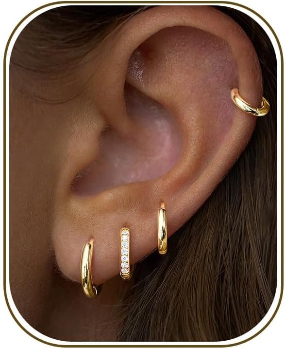 Small Gold Huggie Hoop Earrings Set for Women Men Hypoallergenic 14K Plated Stack Cartilage Earrings, Sterling Silver Multiple Piercing Lightweight Mini Thin Cute Dainty Trendy Jewelry Gifts for Women