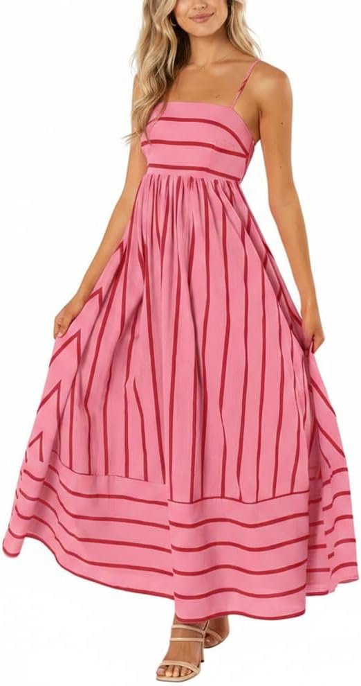 chouyatou Women’s Striped Back Smocked Maxi Dress Sexy Spaghetti Strap Cut Out Flowy Swing Long Dress
