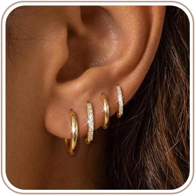 4 Pair Small Gold Hoop Earrings for Women Sensitive Ears – Hypoallergenic 14k Real Gold Plated Hoops Zirconia Cartilage Huggie Earrings Set Helix Piercing Earring Gold Jewelry for Women Gift