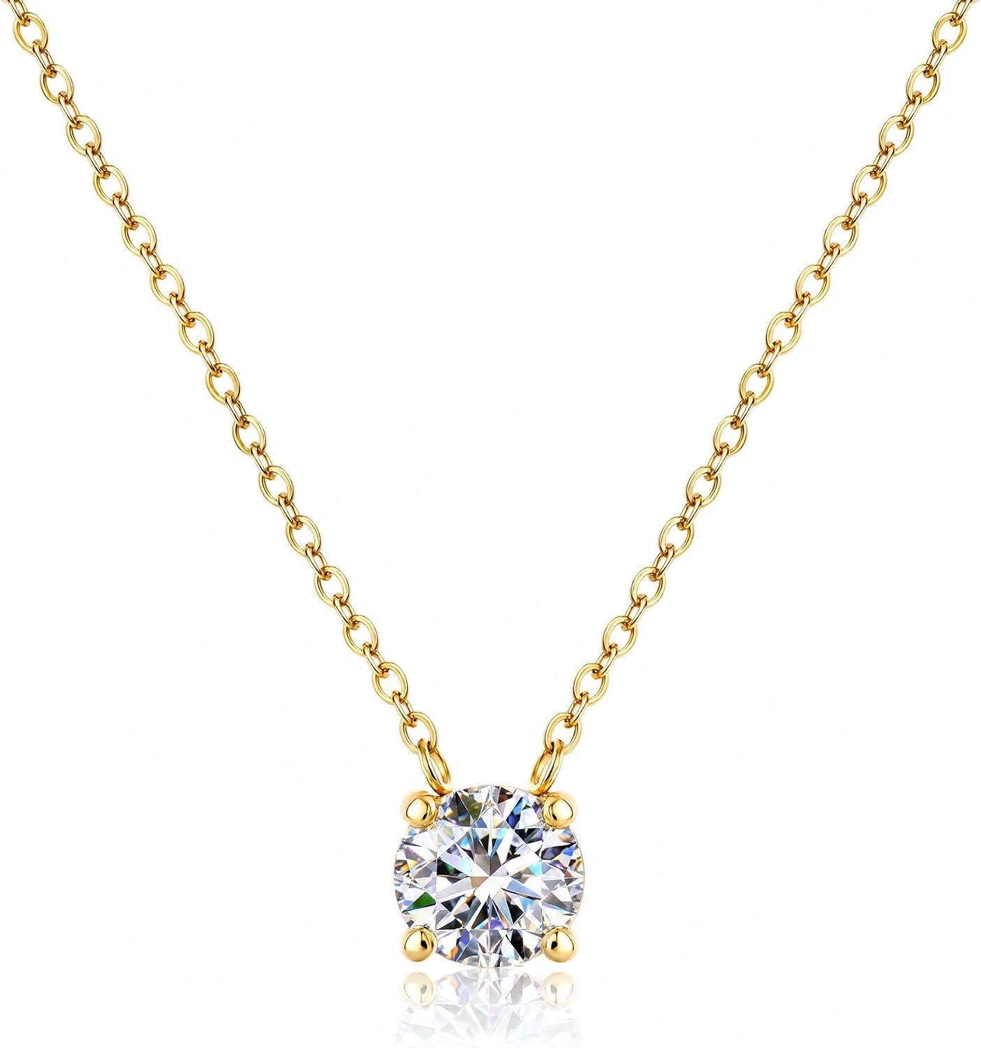 18K Gold Plated Pendant Necklace for Women, 1.2 Carat 7mm Cubic Zirconia Solitaire Dainty Necklace, Anniversary Birthday Mothers Day Gift Adjustable Chain