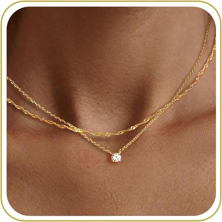 Tewiky Dainty 14k Gold Plated/Silver Cubic Zirconia Necklaces for Women, Simple CZ Jewelry Necklaces Trendy Gifts