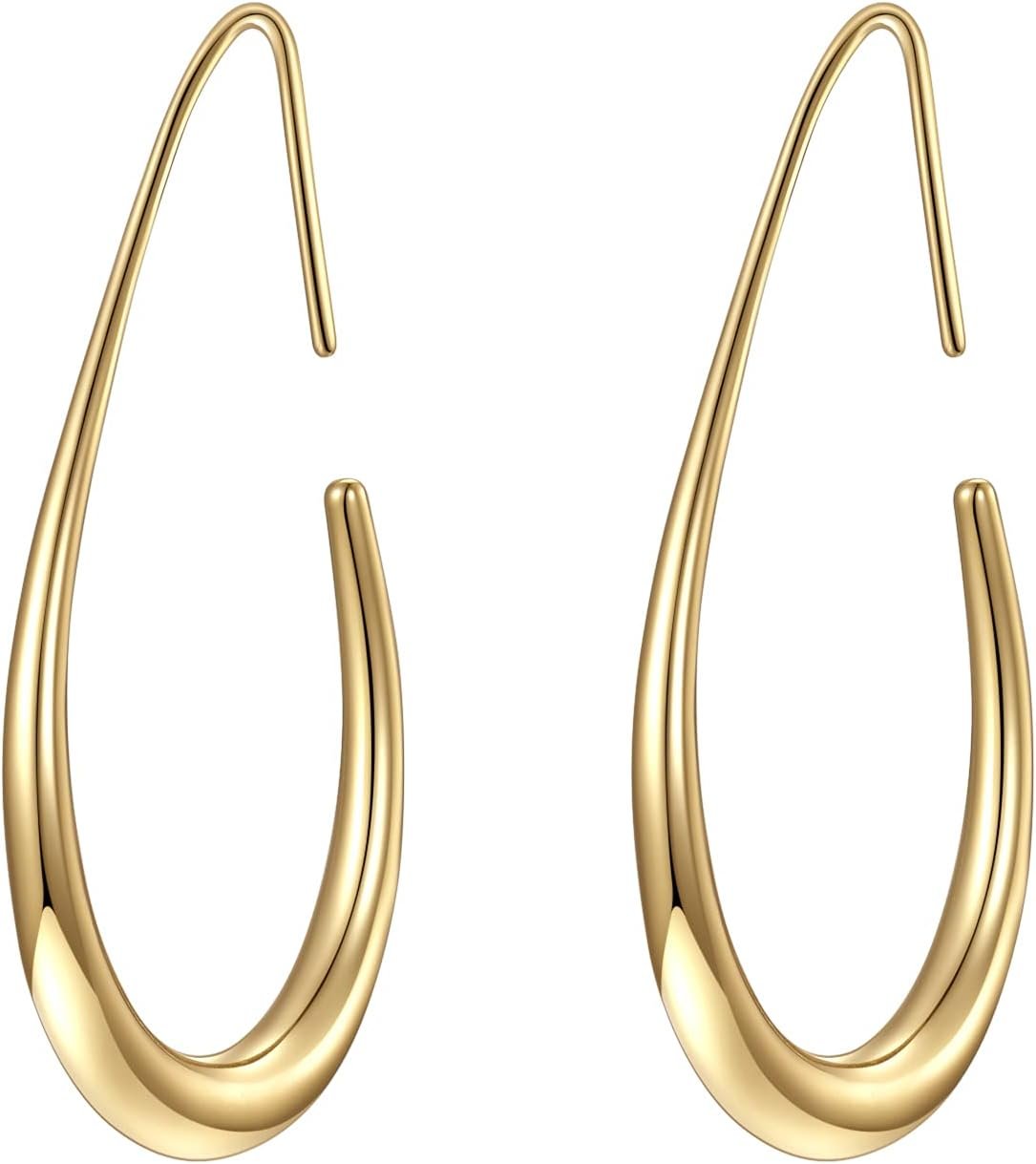 Lightweight Teardrop Hoop Earrings for Women – 14k Gold/White Gold Plated Large Oval Pull Through Hoop Earrings High Polished Statement Jewelry Gift for Women