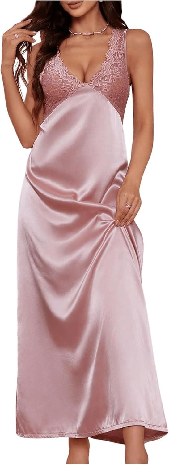 WDIRARA Women’s Lace Backless Sexy Long Satin Sleepwear Deep V Neck Sleeveless Nightgown