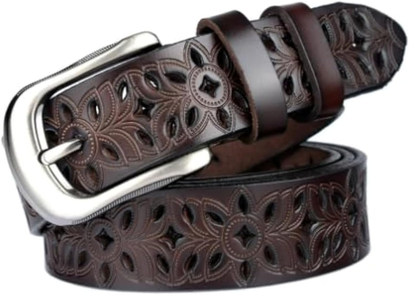 Womens-Hollow Flower Genuine-Leather-Belts – 1.2″ Wide Plus Size Soft Leather Belt for Jeans Dresses Pants