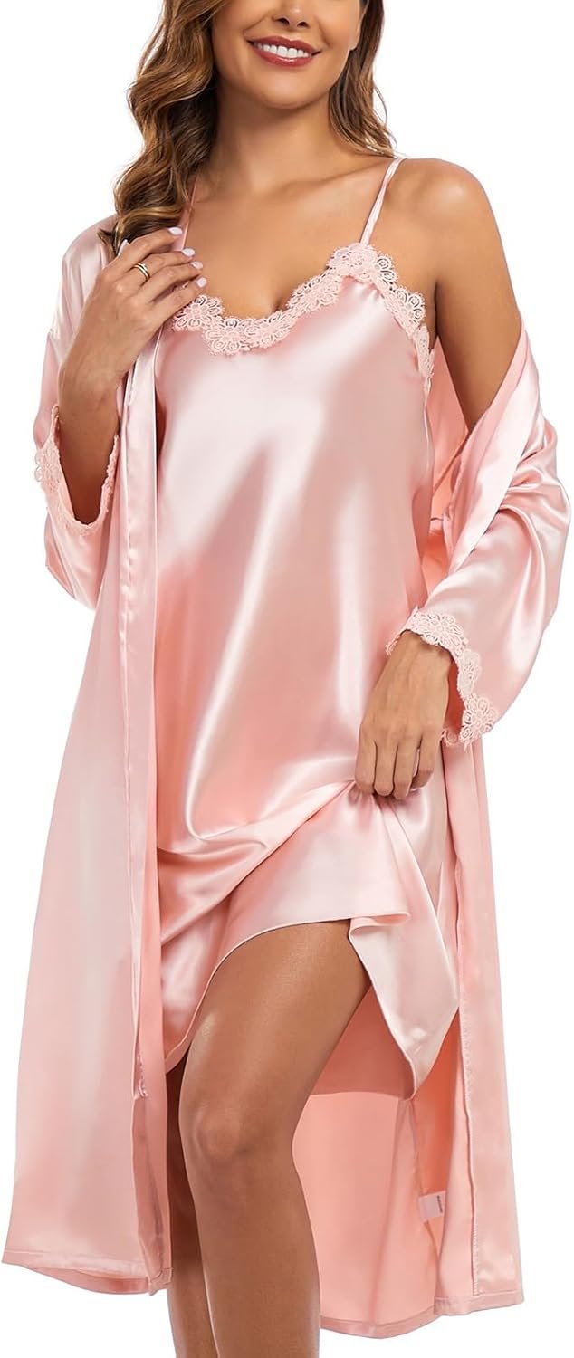 BestWendding Women’s Silk Robe Set 2 Pieces Pajamas Sets Sexy Soft Satin Robe with V Neck Camisole Lingerie Nightgown