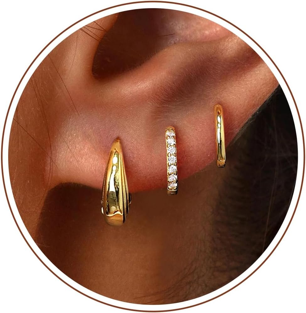 Poxtex Small Sterling Silver Huggie Hoop Earrings Set for Women, Hypoallergenic 14K Gold Plated Hoops Stacks for Multiple Piercings, Dainty Cute Mini Lightweight Cartilage Studs Trendy Jewelry Gift