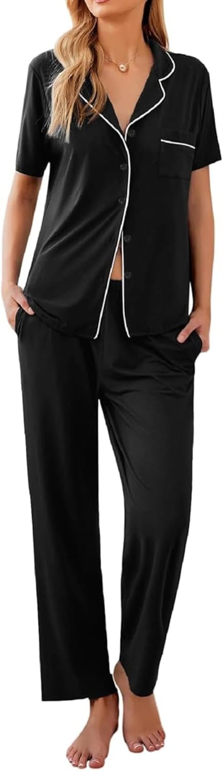 Ekouaer Women Pajamas Set Button Down Sleepwear Short Sleeve Nightwear with Long Pants Soft Pjs Set S-XXL
