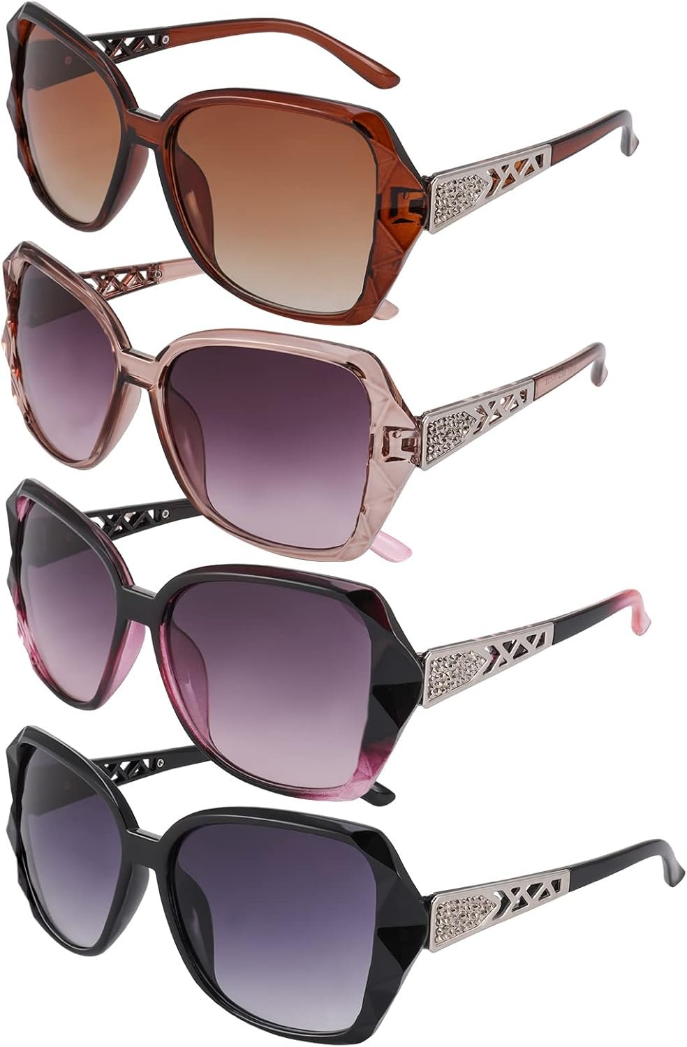 DragonflyDreams 4 Pcs Women Large Sunglasses, UV 400 Glasses Oversized Classic Trend Ladies Sunglasses Sparkling Large Frame