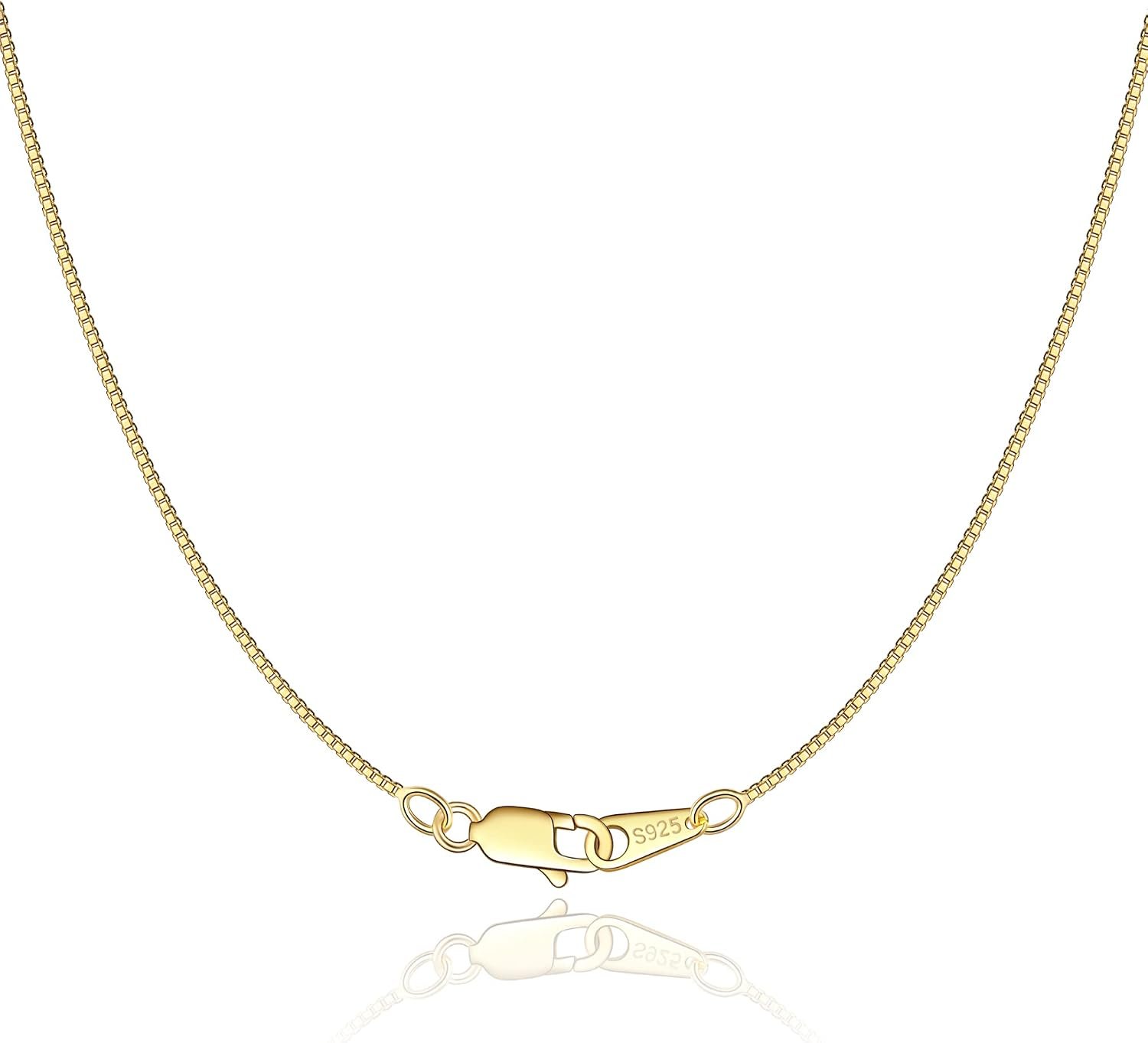Jewlpire 18K Gold Plated 925 Sterling Silver Chain Necklace for Women Girls, 0.8mm Box Chain Lobster Claw Clasp-Super Thin & Strong Necklace Chain 16/18/20/22/24 Inch