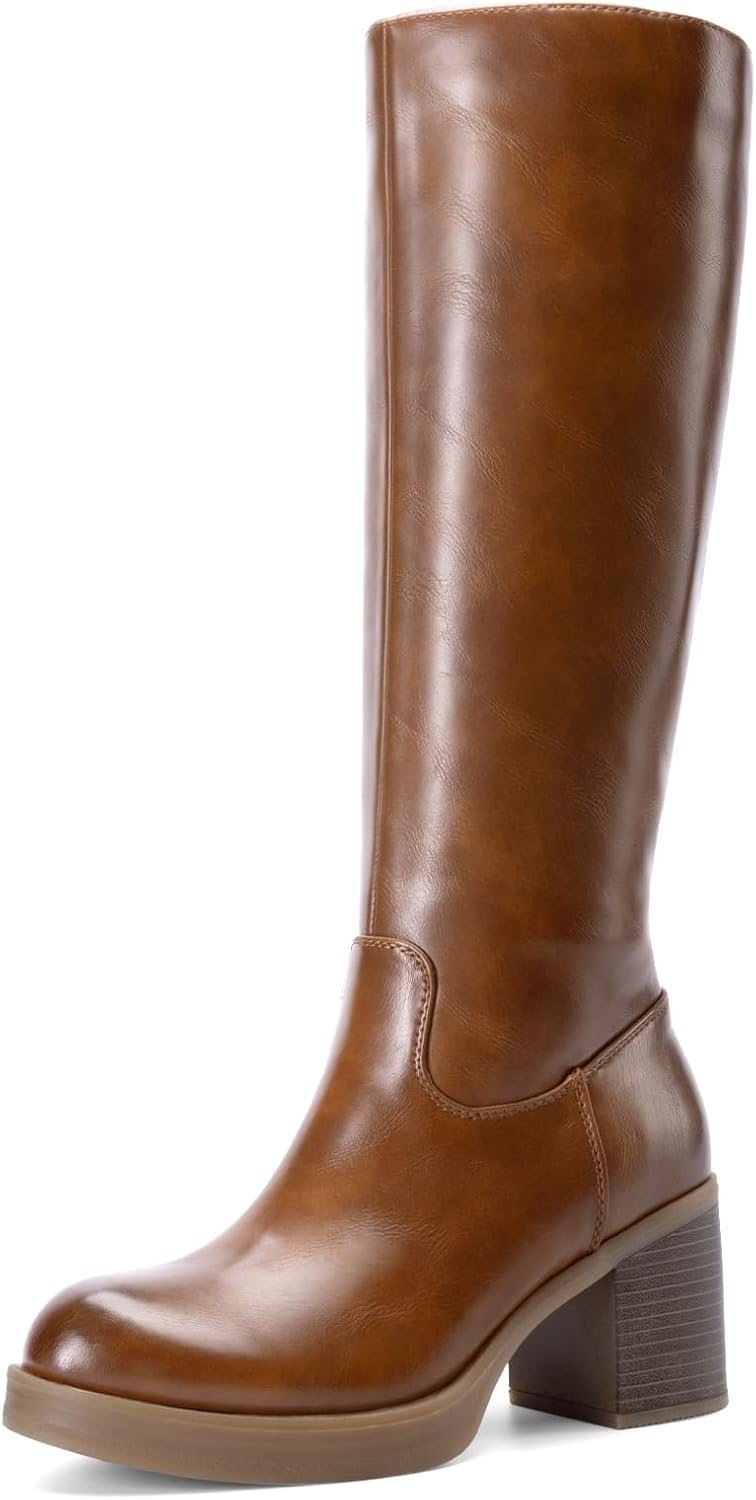 DREAM PAIRS Women’s Knee High Boots Chunky Platform Heel Round Toe Boots for Women Side Zipper Stylish Comfortable Tall Boots