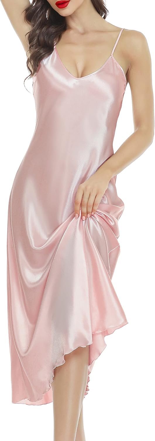 Lovasy Women Satin Nightgown Sexy Lingerie Long Slip Dress V Neck Sleepwear Nightdress S-XXL