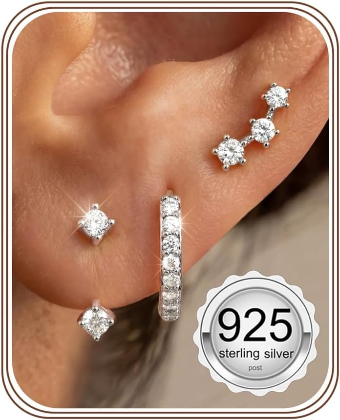 FIASASO 3 Pairs 925 Sterling Silver Hypoallergenic Earrings for Women Trendy – 14K Gold Plated Stud Hoop Cartilage Earrings Set Small Earring Stacks for Sensitive Ears Non Tarnish Dainty Silver Earring