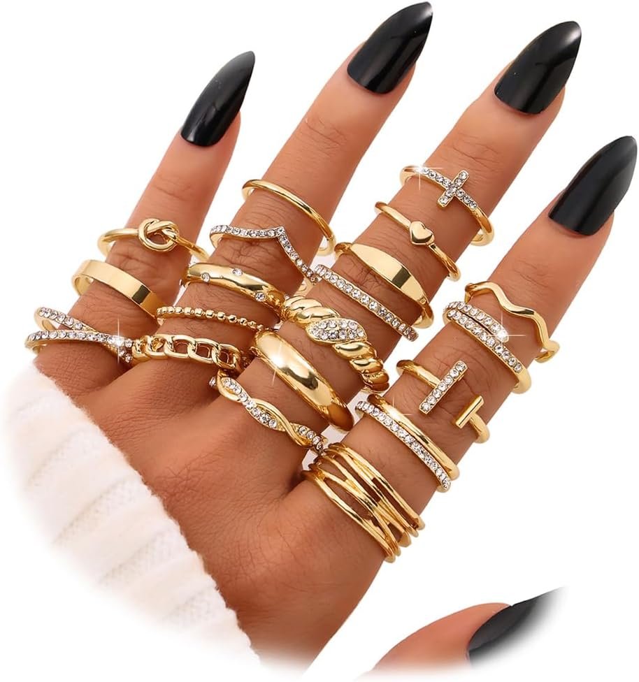 KISS WIFE 20Pcs Stackable Rings for Women, Gold Black Silver Knuckle Ring Set, Dainty Chunky Statement Rings for Daily Wear Party Wedding Travel