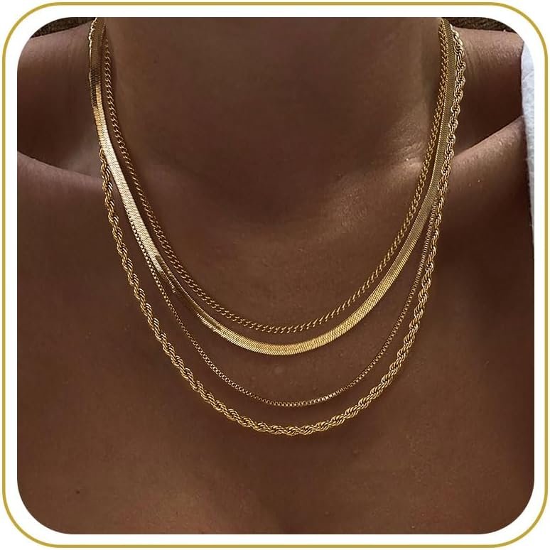 Tewiky Layered Necklaces for Women Non Tarnish- Chunky 14k Gold Plated Herringbone/Snake/Rope/Box/Cuban Link Chain for Women Waterproof Layering Stack Choker Necklace Trendy Dainty Tarnish Free Jewelry Set