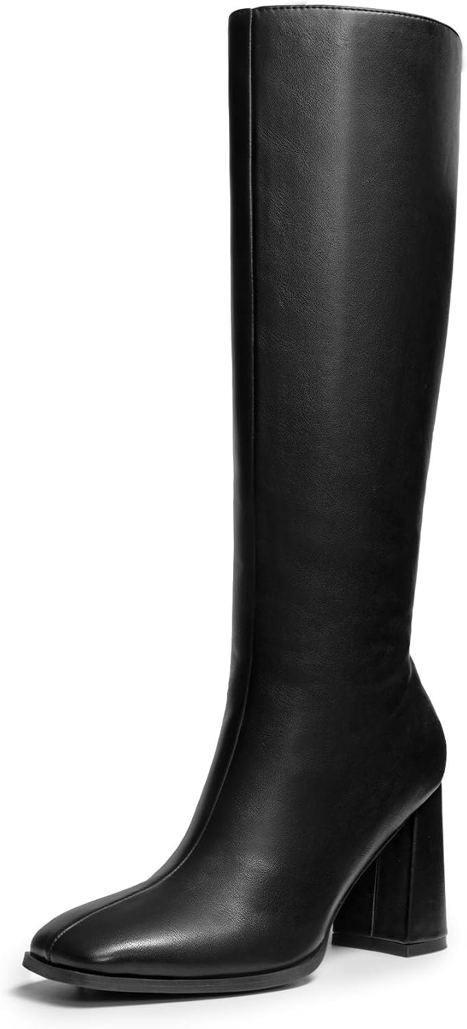 DREAM PAIRS Knee High Boots for Women Square Toe Gogo Chunky Heel Tall Boot Fashion Side Zipper Long Boot