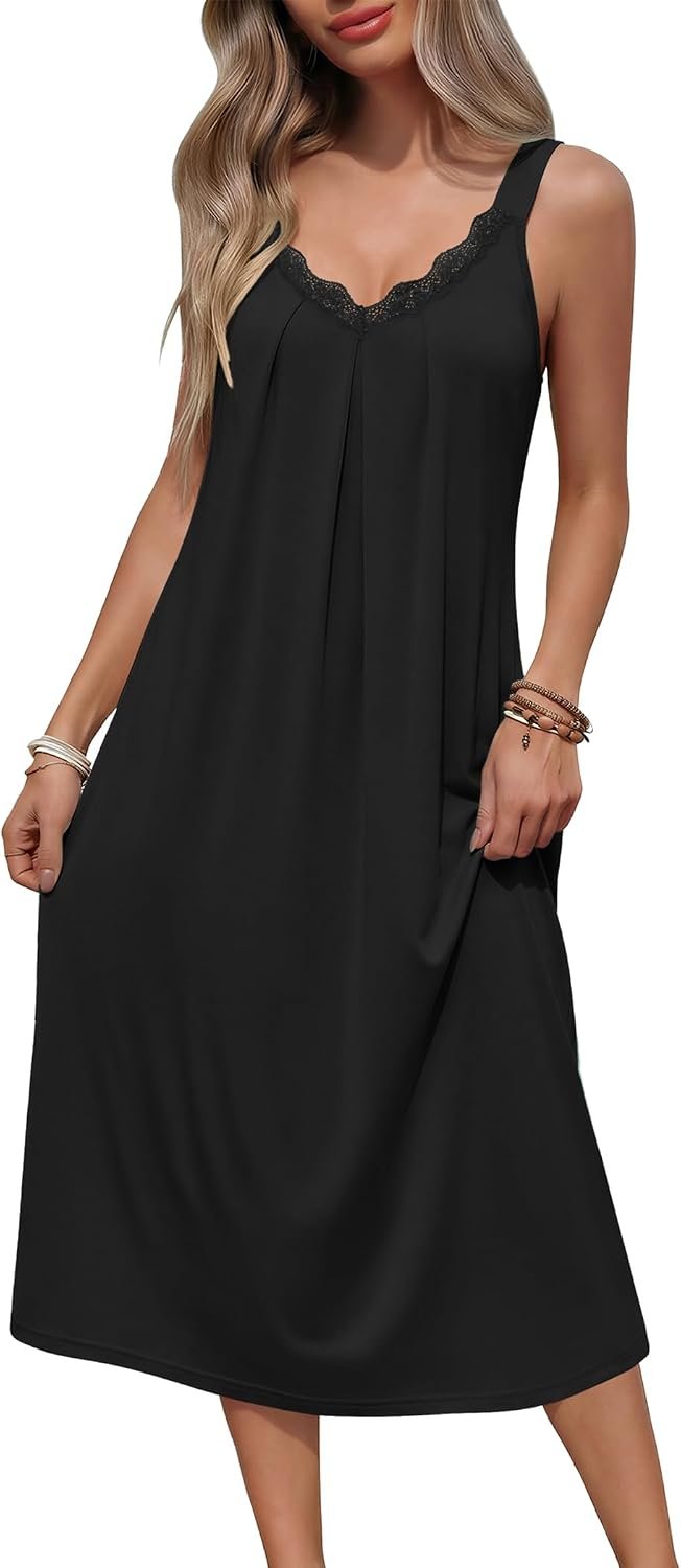 Ekouaer Sleeveless Nightgowns for Women Lace V-neck Long Nightdress Wide Strap Sleepwear Soft Lounge Dresses