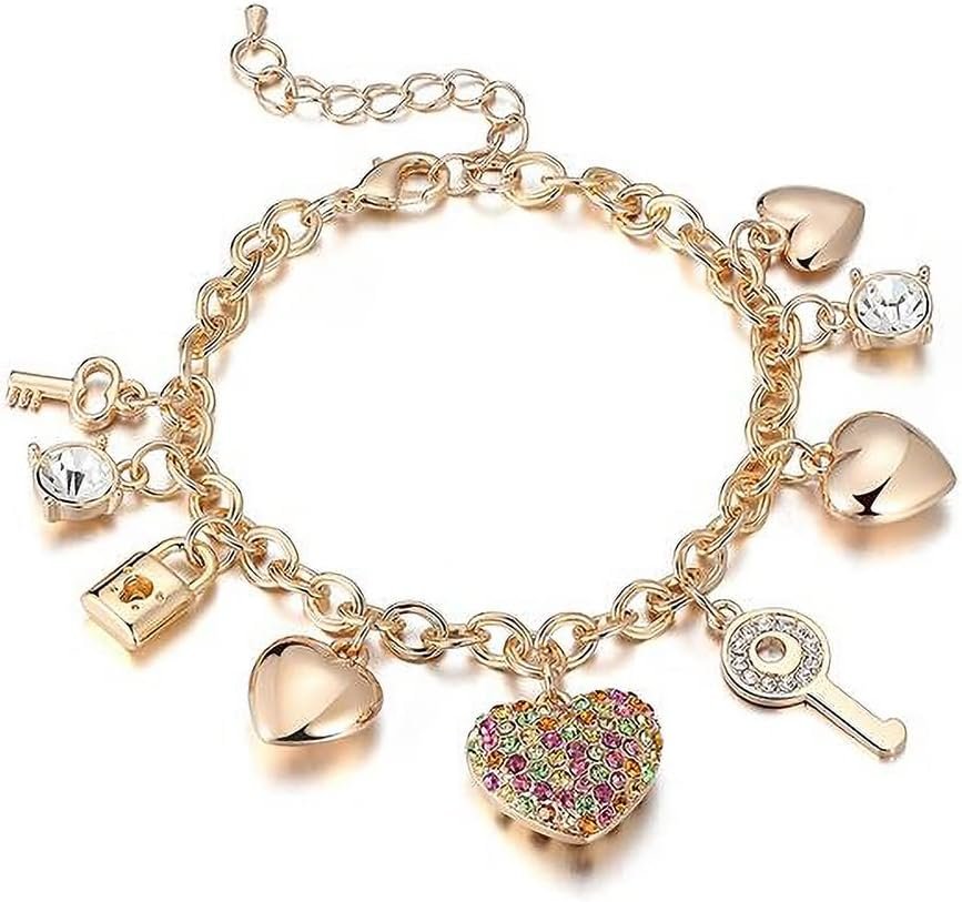 SILANER Gold Chain Link Bracelet – 7″+ 2″ Extender 14K Gold Plated Love Locked Bracelets for Women, with Crystal, Love Heart,Key, Lock, Charm Bracelet