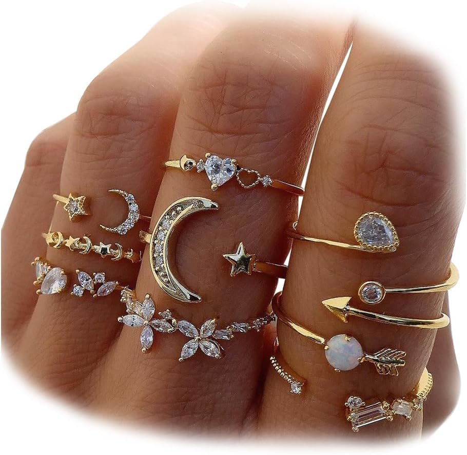 KISS WIFE Gold Stackable Moon Star Knuckle Rings Set for Women, Boho Dainty Lightweight Stacking Rings, Vintage Midi Rings Pack, Trendy Jewelry