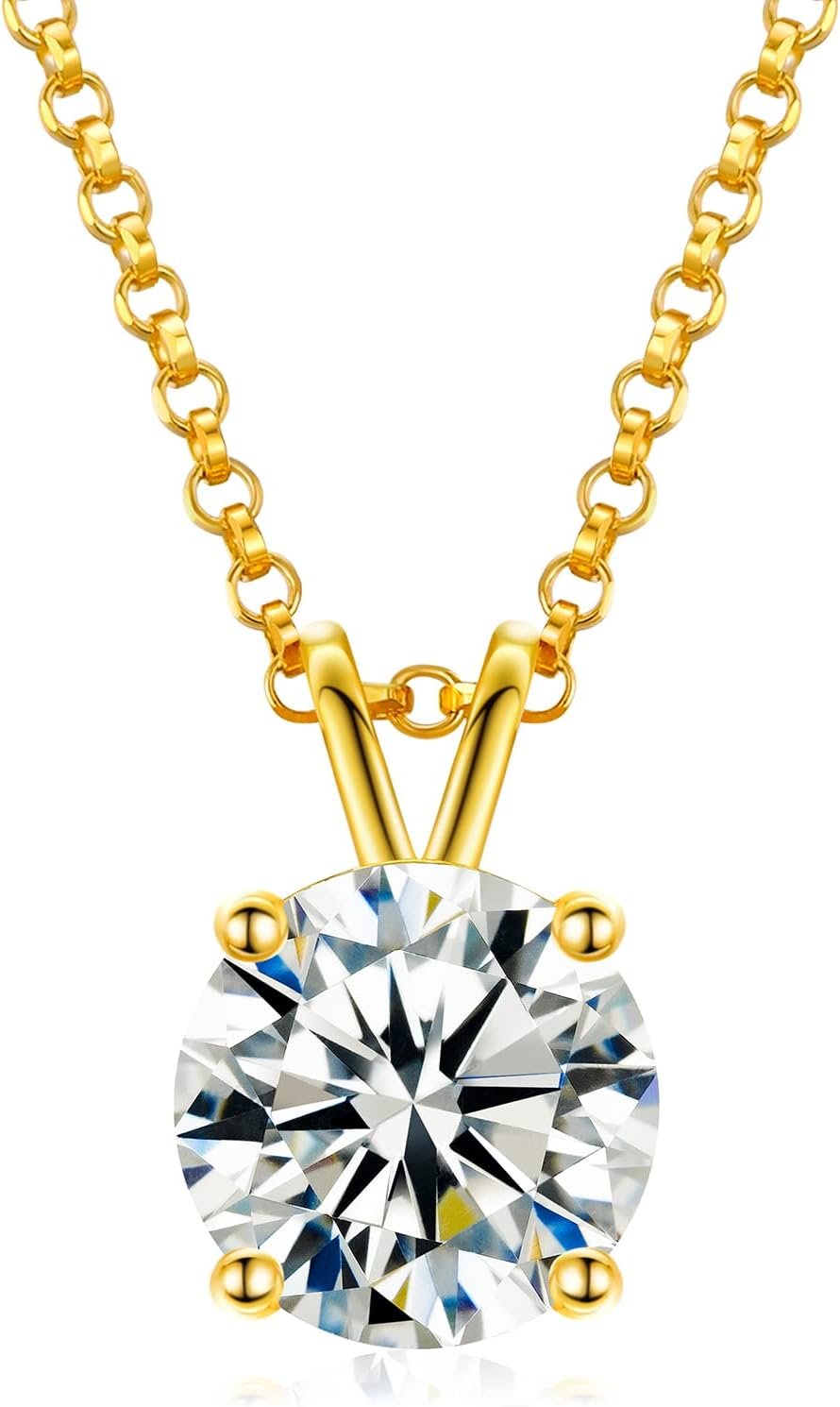 TUHE Moissanite Necklace 0.1-12 Carats 18K Gold Vermeil 925 Sterling Silver Necklace 3-15MM Solitaire D Color VVS1 Round Lab Created Moissanite Pendant Dainty Gold Necklaces for Women Jewelry Gifts