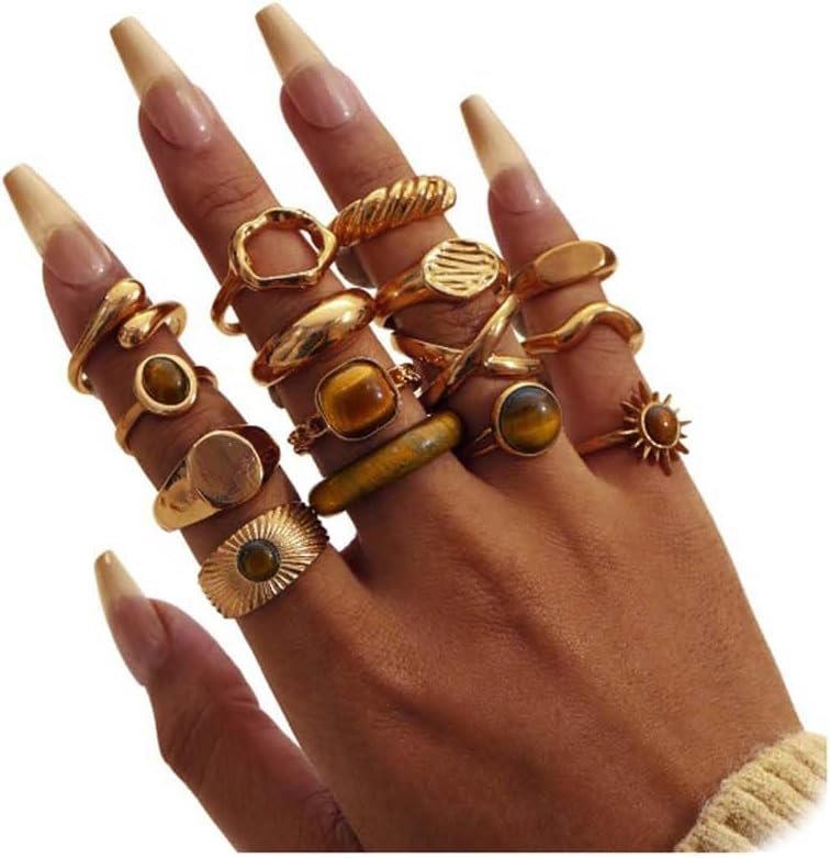 Chunky Gold Rings for Women Non Tarnish, Baroque Pearl Flower Tiger’s Eye Stone Rings Adjustable Stacking Statement Rings Set Fashion Jewelry Gifts