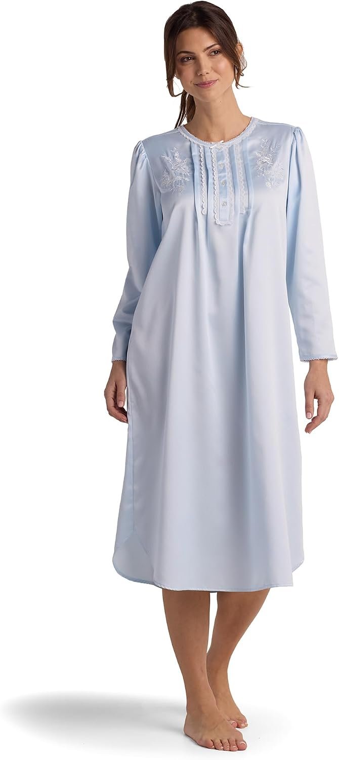 Miss Elaine Long Nightgown, Brushed Back Satin, Long Sleeves and Button Top, Neckline Details, Sleepwear & Loungewear