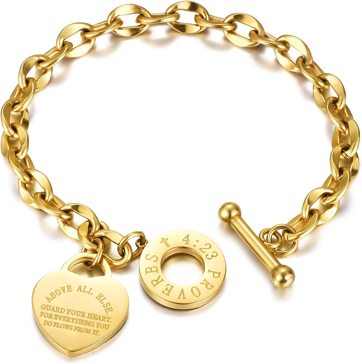 Emibele Heart Charm Bracelet for Women, Bible Verse Bracelet Stainless Steel 18K Gold Plated Bracelet Love Pendant Link Chain OT Clasp, Birthday Christmas Jewelry Gift for Mother Her