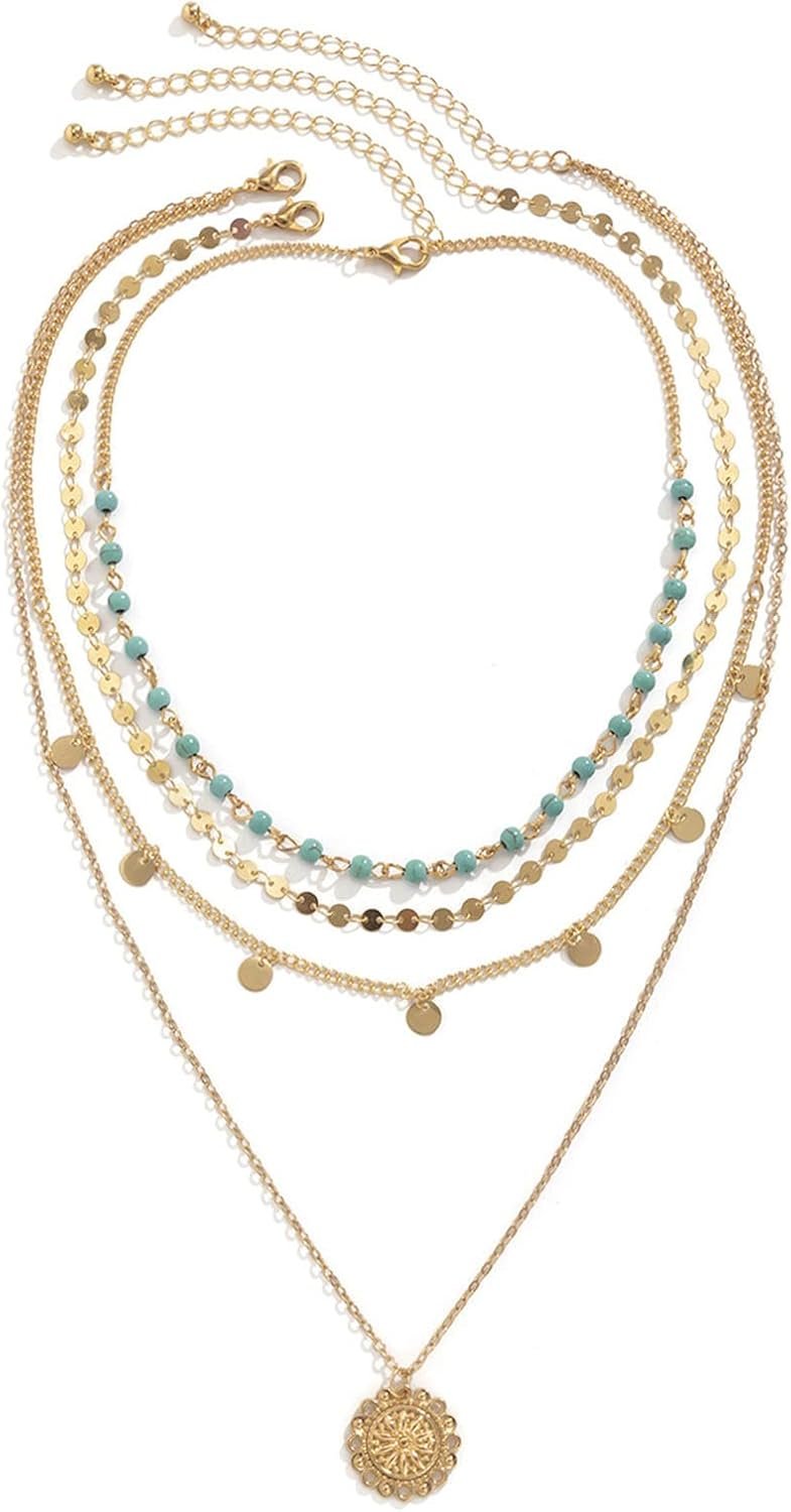 Gold Layered Turquoise Necklace for Women Multi Boho Long Necklace Bohemian Coin Pendant Necklaces Jewelry