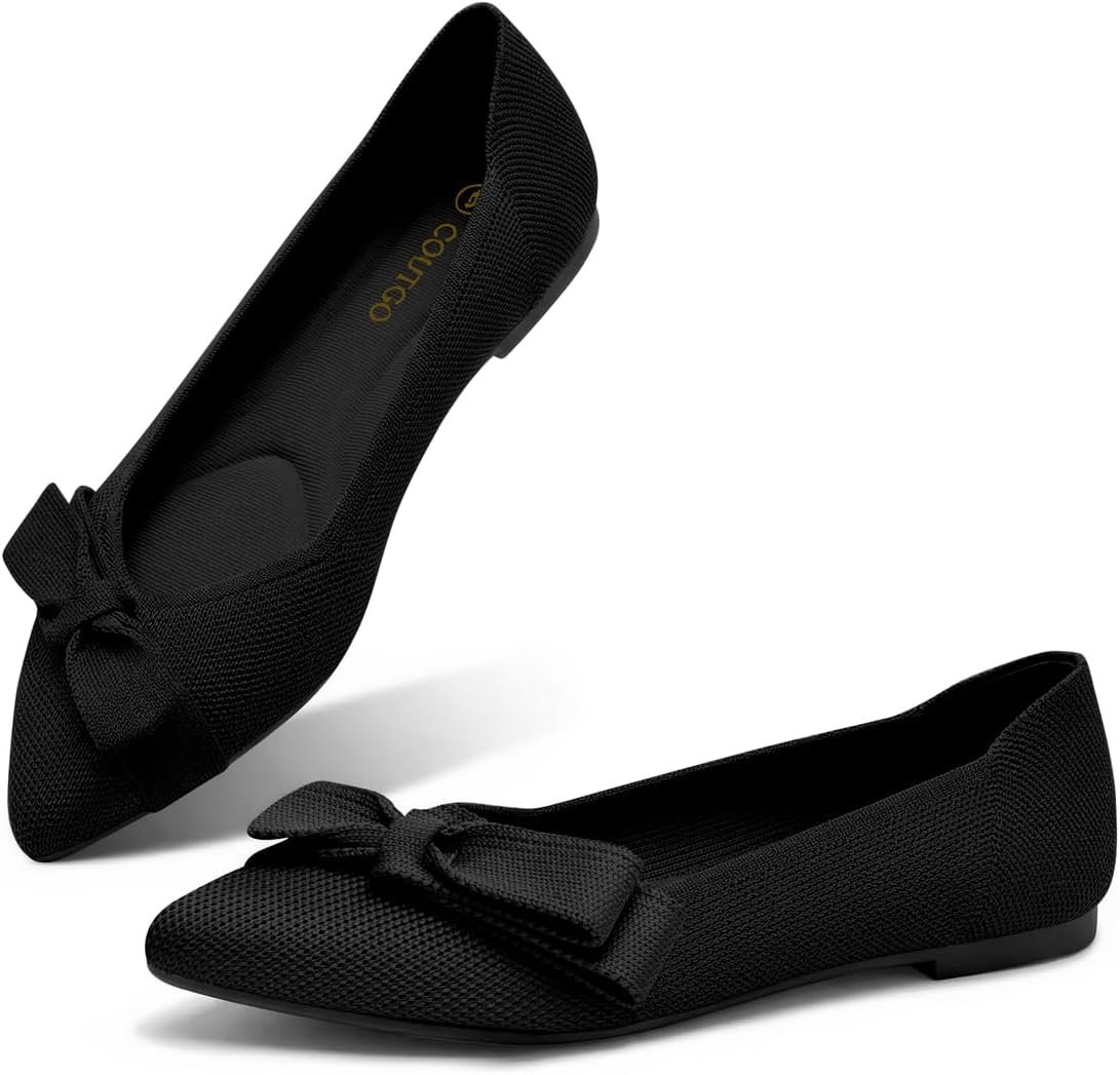 Coutgo Women’s Pointed Toe Flats Comfortable Dressy Knit Bow Ballet Flats Slip On Work Casual Shoes