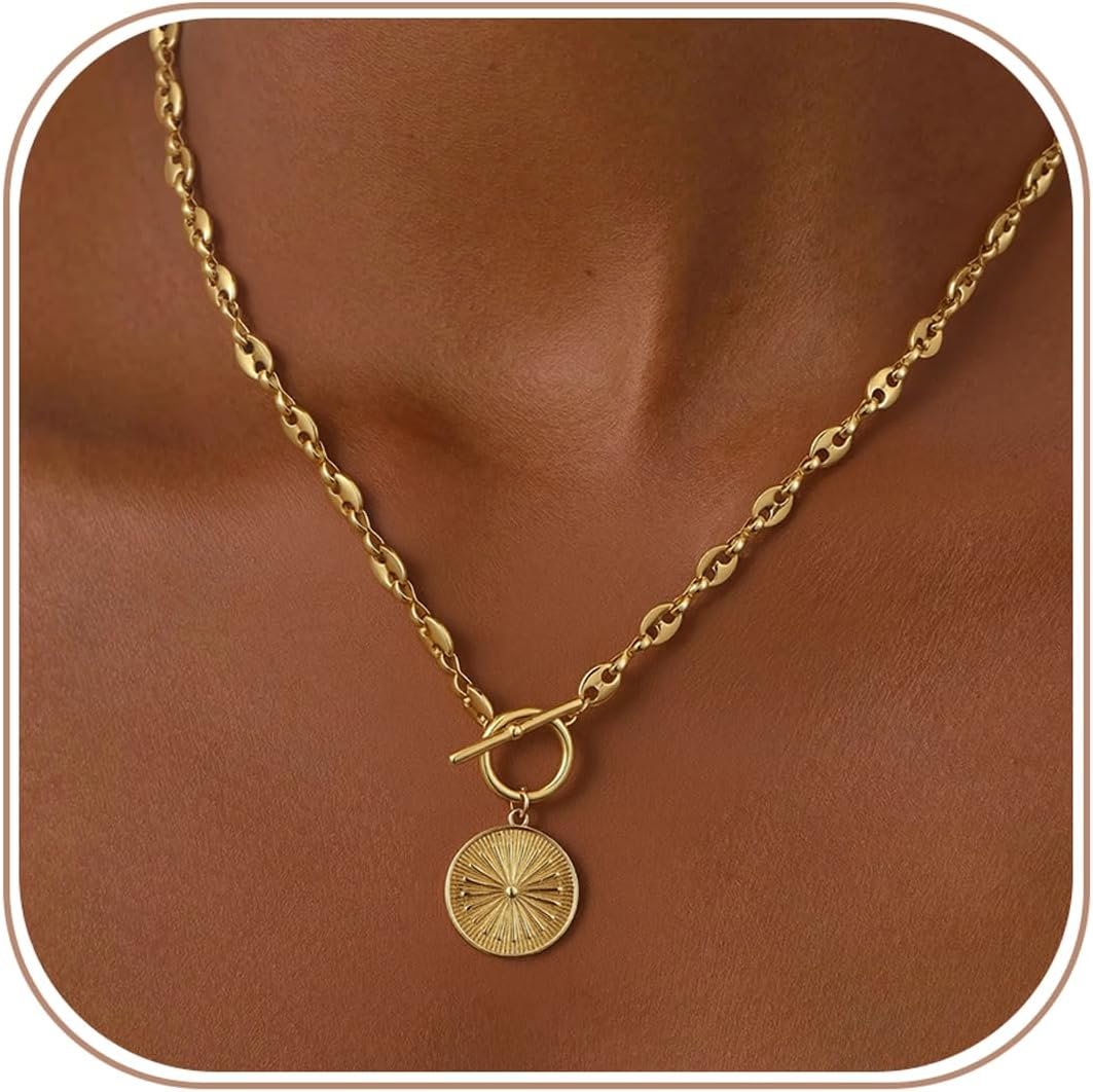 Chunky Gold Necklace for Women, Simple 14K Gold/Silver Plated Circle Pendant Choker Necklaces Trendy Dainty Heart Chain Toggle Clasp Necklace Jewelry Gift for Women