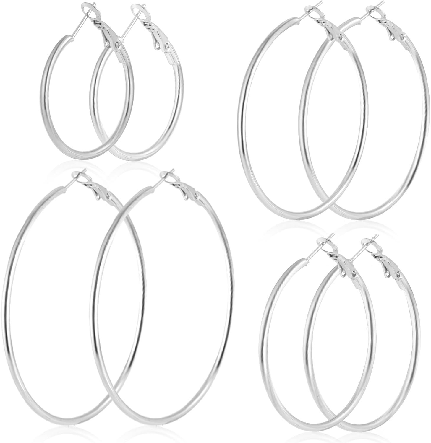 4 Pairs Stainless Steel 30/40/50/60 mm Silver 14K Gold Plated Hoop Earrings for Women Hypoallergenic Big Thin Lightweight Dangle Set