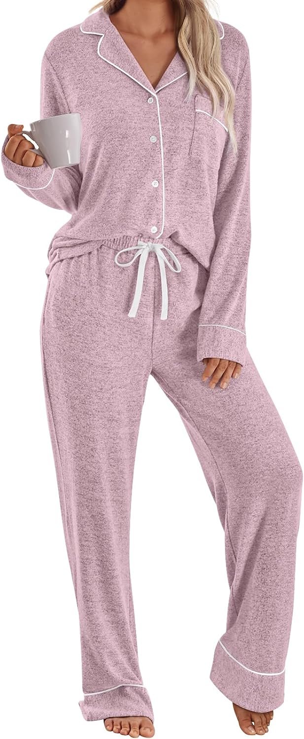 LILLUSORY Women’s Long Sleeve Pajama Set – Soft Button-Down Top & Comfortable Drawstring Pants with Pockets