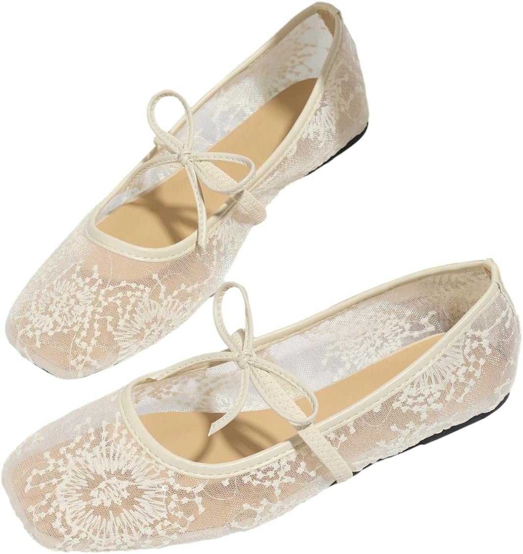 BEAUDRM Women’s Polka Dots Mesh Ballet Flats Bowknot Pointed Toe Ballerina Flats Closed Toe Comfortable Casual Work Shoes