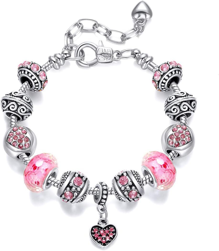 Pink Hearts Silver Plated Charm Bracelet, DIY Jewelry for Women with Beads, Charms, and Adjustable Snake Chain, Fits 7.5″+1.5″