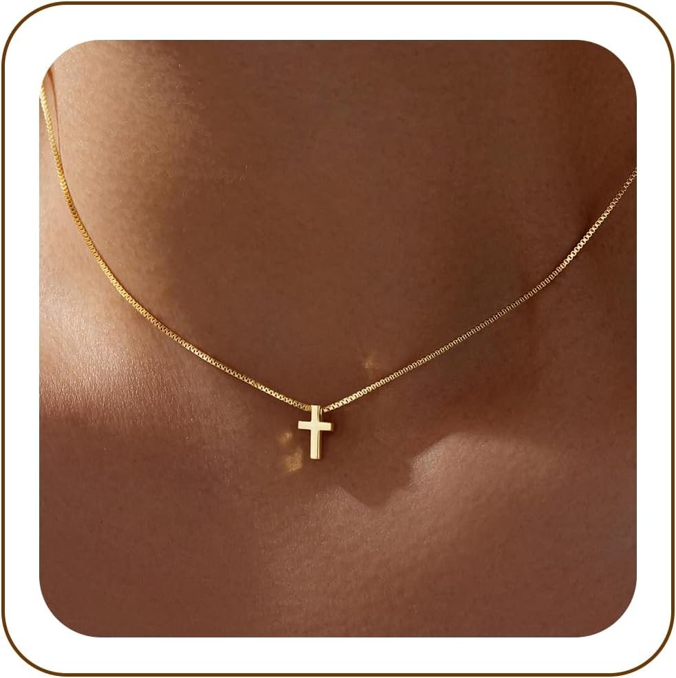 Poxtex Cross Necklace for Women Teen Girls, Dainty 14K Gold Silver Plated Cross Choker Jewelry Non Tarnish Waterproof Cute Simple Small Necklace Christian Baptism Religious Faith Jewelry Gifts