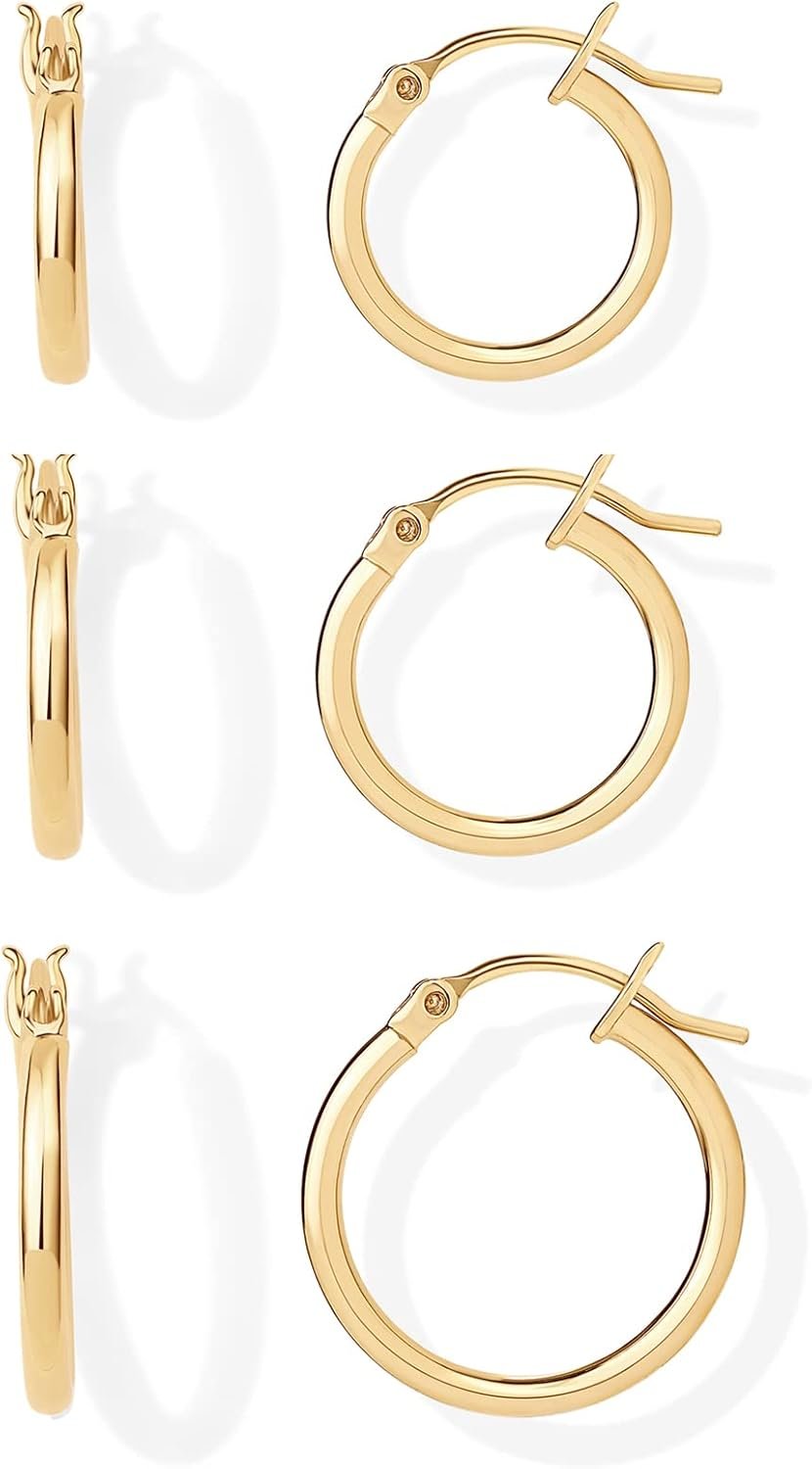 PAVOI 18K Gold Plated 925 Sterling Silver Posts Small Hoop Earrings for Women – Trendy Geometric Plain Chunky Huggie Earscape Piercing Pack – Hypoallergenic Everyday Gold Hoop Earrings Set